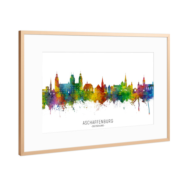 Poster mit Rahmen Kupfer "Aschaffenburg Skyline txt" artboxONE - Städte - Aschaffenburg,Deutschland,Skyline,Stadtbild,Aquarell,Malerei