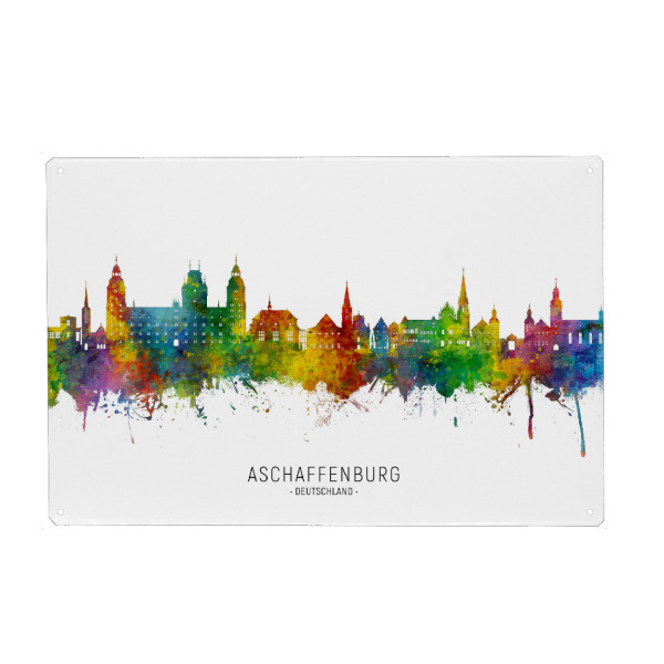 Holzbild "Aschaffenburg Skyline txt" artboxONE - Städte - Aschaffenburg,Deutschland,Skyline,Stadtbild,Aquarell,Malerei