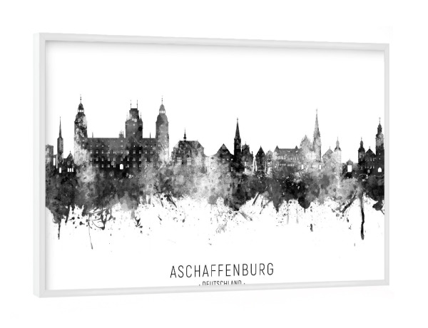 Poster mit weißem Rahmen "Aschaffenburg Skyline BW Text" artboxONE - Städte,Schwarzweiß