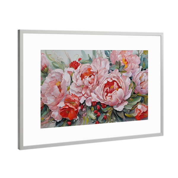 Poster mit Rahmen Silber "Üppiges Pfingstrosen Gesteck" artboxONE - Floral,Für Mama - Blumen,Blumenstrauß,Blüten,Pfingstrosen,Sommer,Stillleben