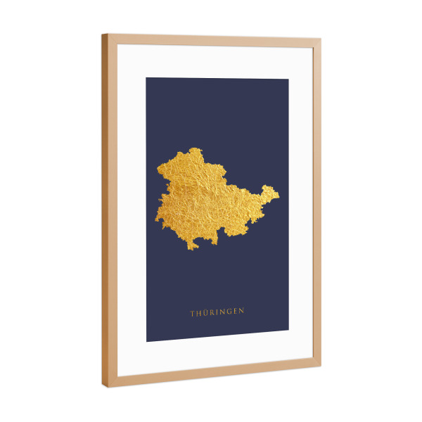 Poster mit Rahmen Kupfer "Thüringen Goldkarte Blau" artboxONE - Kartografie - Thüringen,Deutschland,Karte,Gold