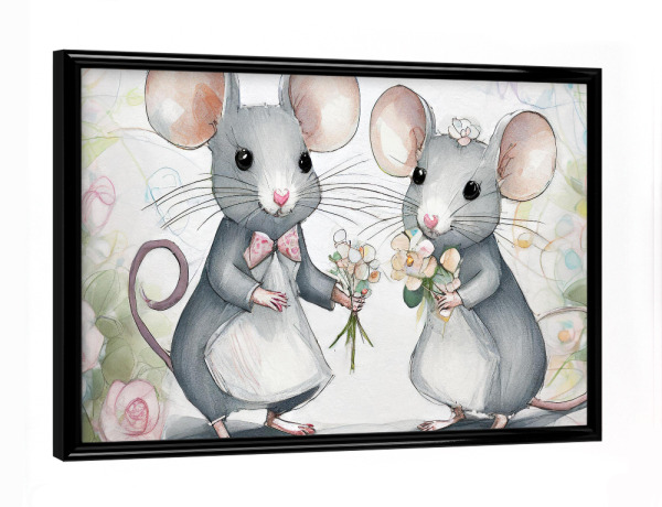 Poster mit schwarzem Rahmen "Die Mäuse Hochzeit" artboxONE - Tiere,Liebe - Mäuse,Maus,Romantik,Liebe,Brautpaar,Rosen,Hochzeit,Zart