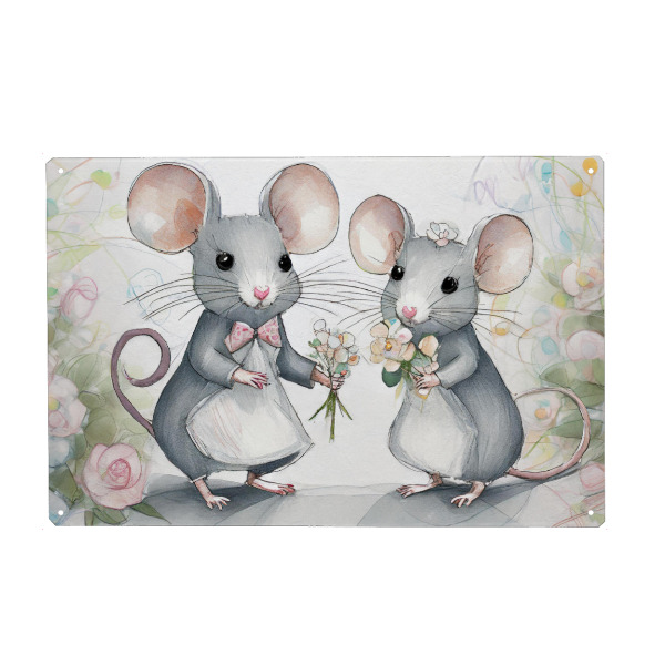 Metall Poster "Die Mäuse Hochzeit" artboxONE - Tiere,Liebe - Mäuse,Maus,Romantik,Liebe,Brautpaar,Rosen,Hochzeit,Zart - Blechschild