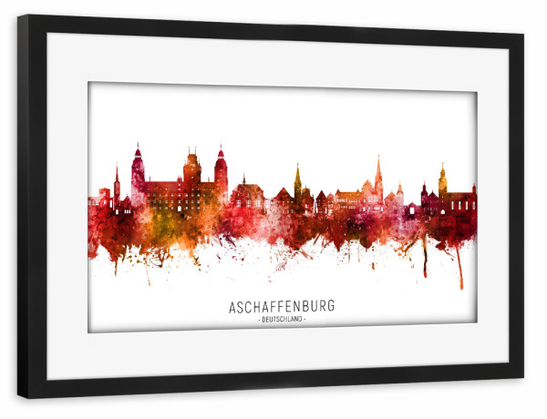 Poster mit Rahmen schwarz "Aschaffenburg Skyline Roter Name" artboxONE - Städte - Aschaffenburg,Deutschland,Skyline,Stadtbild,Aquarell,Malerei