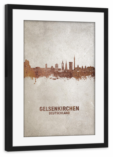 Poster mit Rahmen schwarz "Gelsenkirchener Skyline Rust" artboxONE - Städte - Gelsenkirchen,Deutschland,Skyline,Stadtbild,Aquarell,Malerei