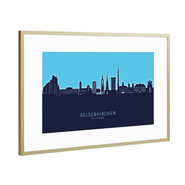 Poster mit Rahmen Gold "Gelsenkirchen Skyline Glow Blue" artboxONE - Städte - Gelsenkirchen,Deutschland,Skyline,Stadtbild,Aquarell,Malerei