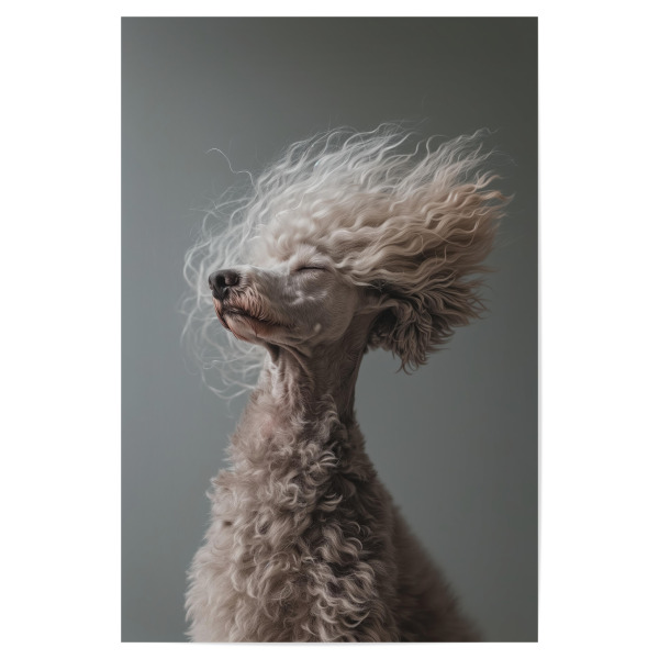 Poster "Bad-Hair-Day-Pudel" artboxONE - Tiere,Lustig - Tier,Bad-hair-day,Bedeckt,Niedlich,Hund,Augen,Lustig,Haar,Fotografie,Pudel,Porträt,Studio,Wind