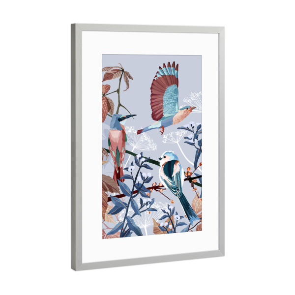 Poster mit Rahmen Silber "Vögel des Winters" artboxONE - Natur,Für Kinder,Tiere - Vögel,Natur,Kinder,Illustration,Winter,Weihnachten