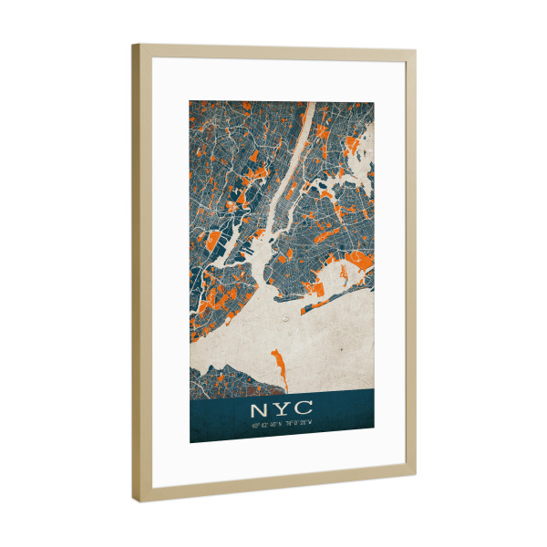 Poster mit Rahmen Gold "Vintage NYC Map" artboxONE - Städte / New York,Kartografie