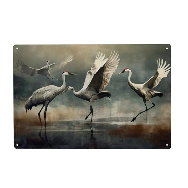 Metall Poster "Tanzende Kraniche im Wasser" artboxONE - Tiere - Natur,Tanz,Ostsee,Tier,Kranich,Vogelzug,Vögel,Meer - Blechschild