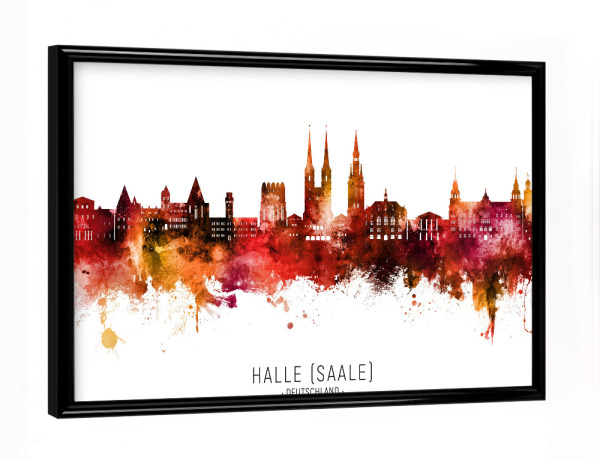 Poster mit schwarzem Rahmen "Halle (Saale) Skyline Roter Name" artboxONE - Städte - Halle (saale),Deutschland,Skyline,Stadtbild,Aquarell,Malerei