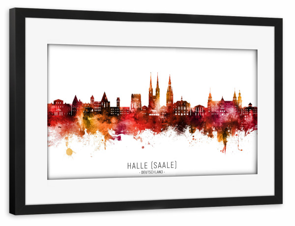 Poster mit Rahmen schwarz "Halle (Saale) Skyline Roter Name" artboxONE - Städte - Halle (saale),Deutschland,Skyline,Stadtbild,Aquarell,Malerei