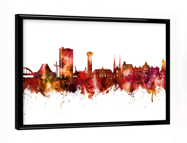 Poster mit schwarzem Rahmen "Oberhausen Deutschland Skyline Rot" artboxONE - Städte - Oberhausen,Deutschland,Skyline,Stadtbild,Aquarell,Malerei