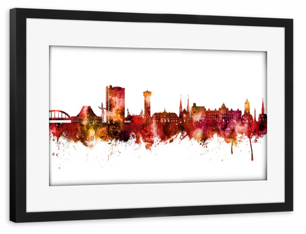Poster mit Rahmen schwarz "Oberhausen Deutschland Skyline Rot" artboxONE - Städte - Oberhausen,Deutschland,Skyline,Stadtbild,Aquarell,Malerei