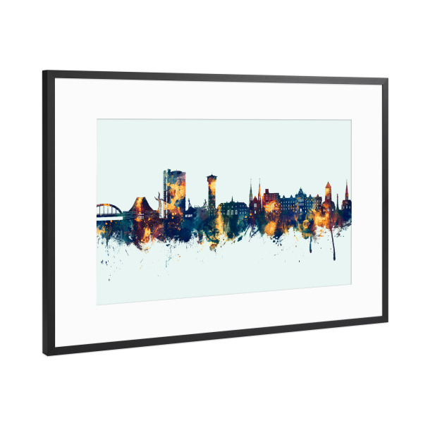 Poster mit Rahmen Schwarz (Metallic) "Oberhausen Skyline Winter" artboxONE - Städte - Oberhausen,Deutschland,Skyline,Stadtbild,Aquarell,Malerei