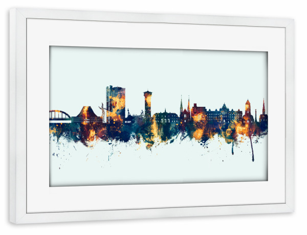 Poster mit Rahmen weiß "Oberhausen Skyline Winter" artboxONE - Städte - Oberhausen,Deutschland,Skyline,Stadtbild,Aquarell,Malerei