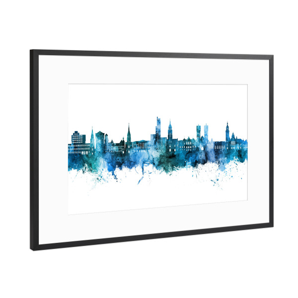 Poster mit Rahmen Schwarz (Metallic) "Krefeld Deutschland Skyline Blau" artboxONE - Städte - Krefeld,Deutschland,Skyline,Stadtbild,Aquarell,Gemälde