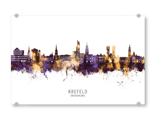 Acrylglasbild "Krefeld Skyline PurpleGold" artboxONE - Städte - Krefeld,Deutschland,Skyline,Stadtbild,Aquarell,Gemälde