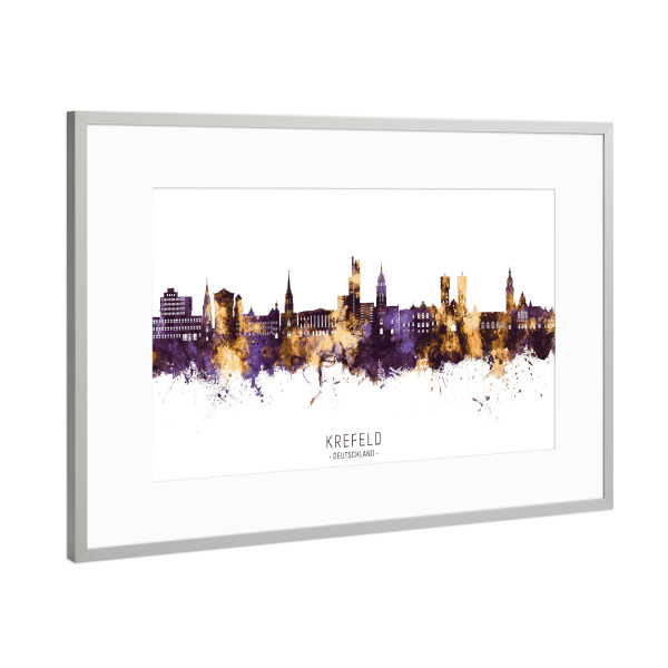 Poster mit Rahmen Silber "Krefeld Skyline PurpleGold" artboxONE - Städte - Krefeld,Deutschland,Skyline,Stadtbild,Aquarell,Gemälde
