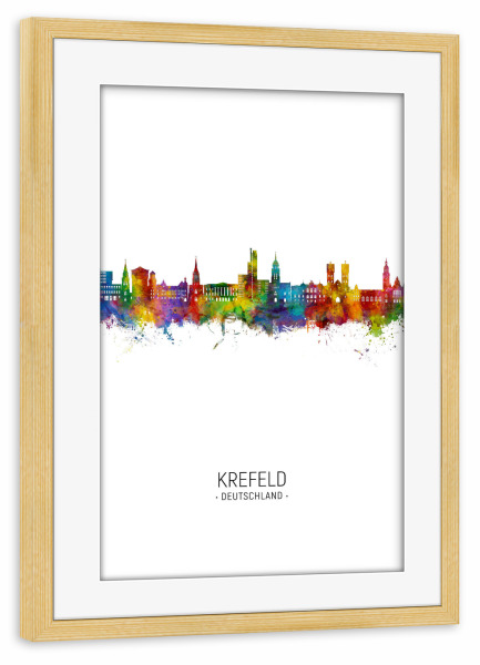 Poster mit Rahmen kiefer "Krefeld Skyline Portrait" artboxONE - Städte - Krefeld,Deutschland,Skyline,Stadtbild,Aquarell,Gemälde