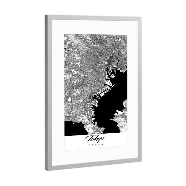 Poster mit Rahmen Silber "Tokio City Map" artboxONE - Schwarzweiß,Städte / Tokio
