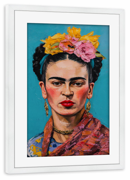 Poster mit Rahmen weiß "Bunte Frida Kahlo" artboxONE - Floral,Menschen - Frida kahlo,Pop-art,ölgemälde
