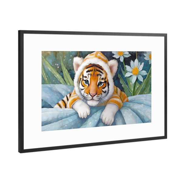 Poster mit Rahmen Schwarz (Metallic) "Baby Tiger mit Blumen" artboxONE - Für Kinder,Tiere