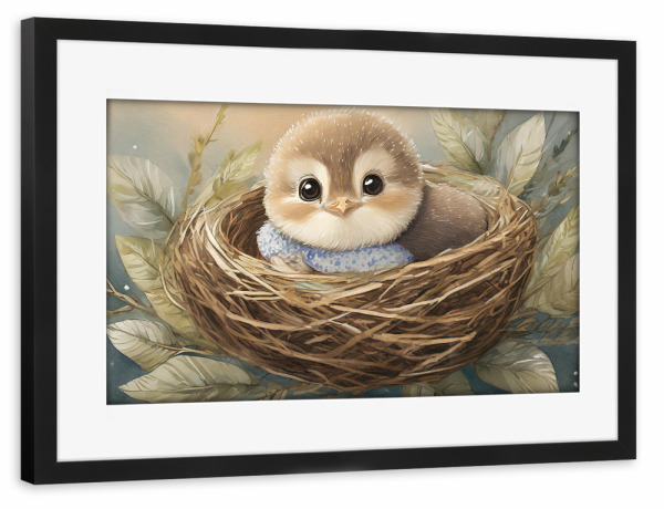 Poster mit Rahmen schwarz "Kleines Nesthocker Küken" artboxONE - Für Kinder,Tiere - Vogel,Babyzimmer,Baby,Nest,Natur,Geborgenheit,Kuckuck,Küken