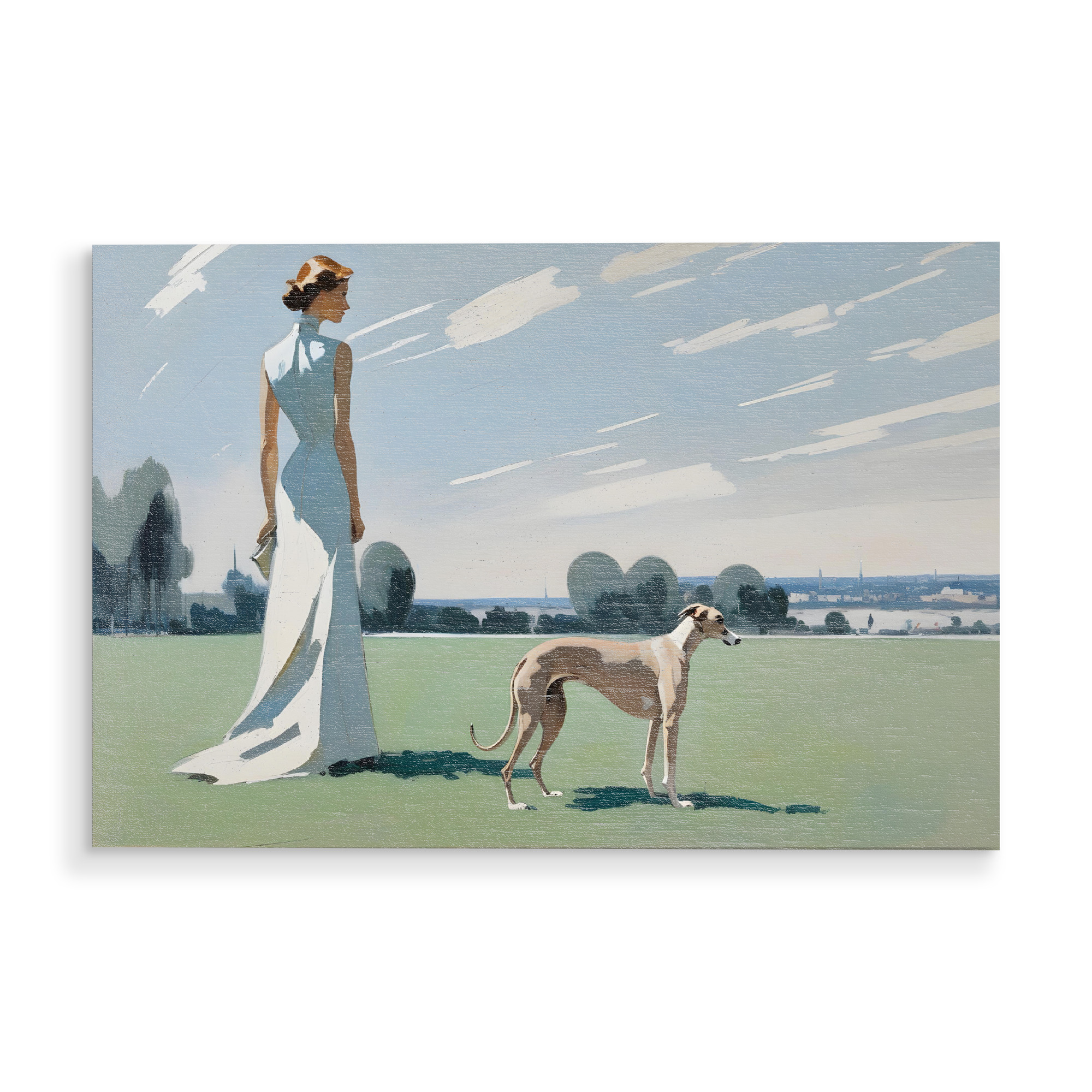Holzbild "1920 Dame mit Windhund im Park" artboxONE - Menschen,Fashion - 1920er,Mode,Windhund,Hund,Park,Elegant,Klassisch,Werbung,Landschaft