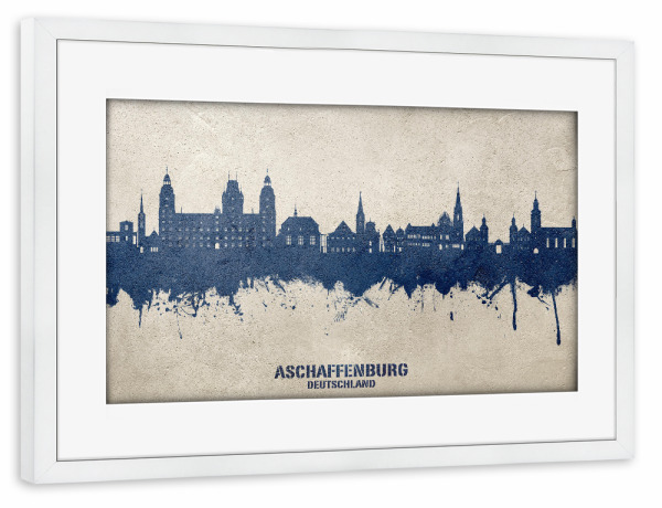 Poster mit Rahmen weiß "Aschaffenburg Skyline PaintBlue" artboxONE - Städte - Aschaffenburg,Deutschland,Skyline,Stadtbild,Aquarell,Malerei