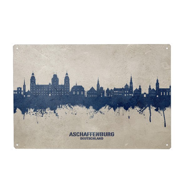 Holzbild "Aschaffenburg Skyline PaintBlue" artboxONE - Städte - Aschaffenburg,Deutschland,Skyline,Stadtbild,Aquarell,Malerei