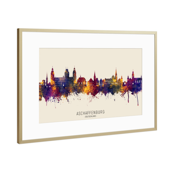 Poster mit Rahmen Gold "Aschaffenburg Skyline Herbstname" artboxONE - Städte - Aschaffenburg,Deutschland,Skyline,Stadtbild,Stadtbild,Aquarell,Malerei