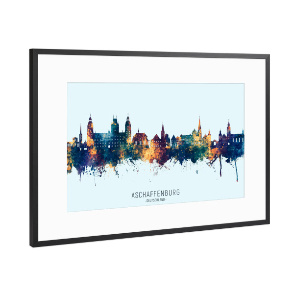 Poster mit Rahmen Schwarz (Metallic) "Aschaffenburg Skyline BlauOrange" artboxONE - Städte