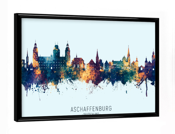 Poster mit schwarzem Rahmen "Aschaffenburg Skyline BlauOrange" artboxONE - Städte - Aschaffenburg,Deutschland,Skyline,Stadtbild,Aquarell,Malerei