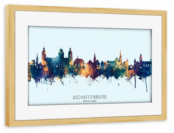 Poster mit Rahmen kiefer "Aschaffenburg Skyline BlauOrange" artboxONE - Städte - Aschaffenburg,Deutschland,Skyline,Stadtbild,Aquarell,Malerei