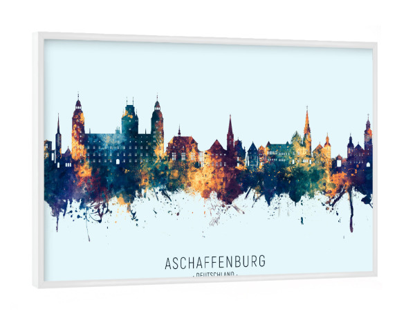 Poster mit weißem Rahmen "Aschaffenburg Skyline BlauOrange" artboxONE - Städte - Aschaffenburg,Deutschland,Skyline,Stadtbild,Aquarell,Malerei