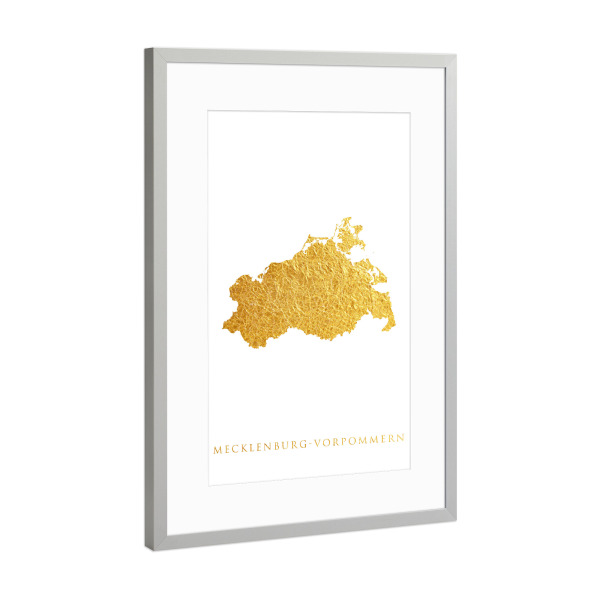 Poster mit Rahmen Silber "Goldkarte Mecklenburg-Vorpommern" artboxONE - Kartografie - Mecklenburg-vorpommern,Deutschland,Karte,Gold