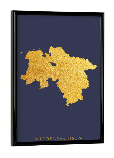 Poster mit schwarzem Rahmen "Niedersachsen Goldkarte Blau" artboxONE - Kartografie - Niedersachsen,Deutschland,Karte,Gold