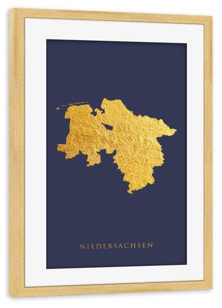 Poster mit Rahmen kiefer "Niedersachsen Goldkarte Blau" artboxONE - Kartografie - Niedersachsen,Deutschland,Karte,Gold