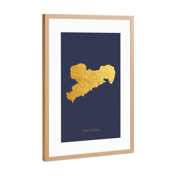 Poster mit Rahmen Kupfer "Sachsen Goldkarte Blau" artboxONE - Kartografie - Sachsen,Deutschland,Karte,Gold