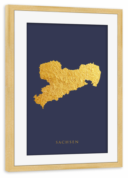 Poster mit Rahmen kiefer "Sachsen Goldkarte Blau" artboxONE - Kartografie - Sachsen,Deutschland,Karte,Gold