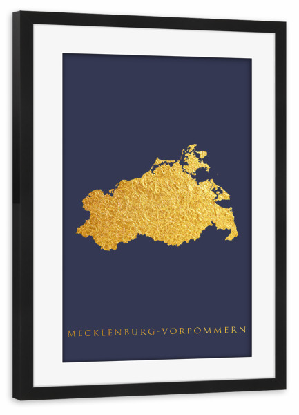 Poster mit Rahmen schwarz "Mecklenburg-Vorpommern Karte Blau" artboxONE - Kartografie - Mecklenburg-vorpommern,Deutschland,Karte,Gold