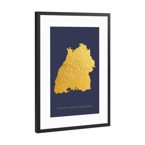 Poster mit Rahmen Schwarz (Metallic) "Baden-Württemberg Goldkarte Blau" artboxONE - Kartografie - Baden-württemberg,Deutschland,Karte,Gold