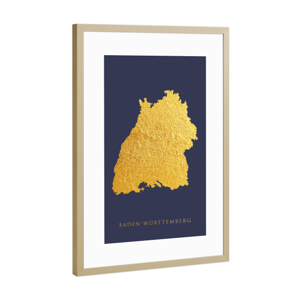 Poster mit Rahmen Gold "Baden-Württemberg Goldkarte Blau" artboxONE - Kartografie - Baden-württemberg,Deutschland,Karte,Gold