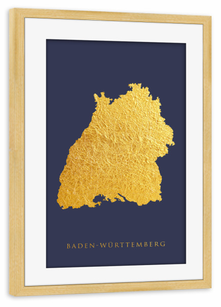 Poster mit Rahmen kiefer "Baden-Württemberg Goldkarte Blau" artboxONE - Kartografie - Baden-württemberg,Deutschland,Karte,Gold