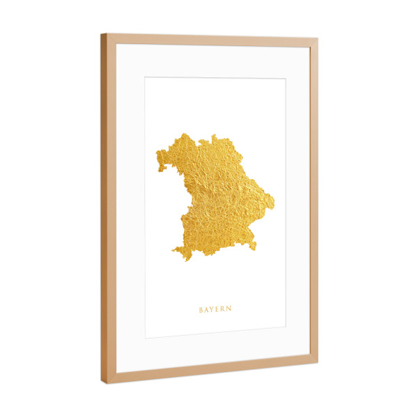 Poster mit Rahmen Kupfer "Bayern Gold Karte" artboxONE - Kartografie - Bayern,Deutschland,Karte,Gold