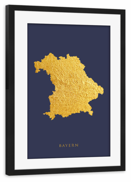 Poster mit Rahmen schwarz "Bayern Goldkarte Blau" artboxONE - Kartografie - Bayern,Deutschland,Karte,Gold