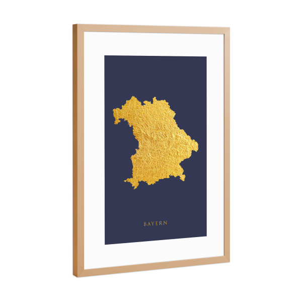 Poster mit Rahmen Kupfer "Bayern Goldkarte Blau" artboxONE - Kartografie - Bayern,Deutschland,Karte,Gold