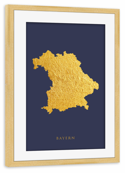 Poster mit Rahmen kiefer "Bayern Goldkarte Blau" artboxONE - Kartografie - Bayern,Deutschland,Karte,Gold