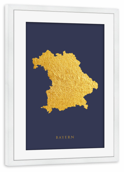 Poster mit Rahmen weiß "Bayern Goldkarte Blau" artboxONE - Kartografie - Bayern,Deutschland,Karte,Gold